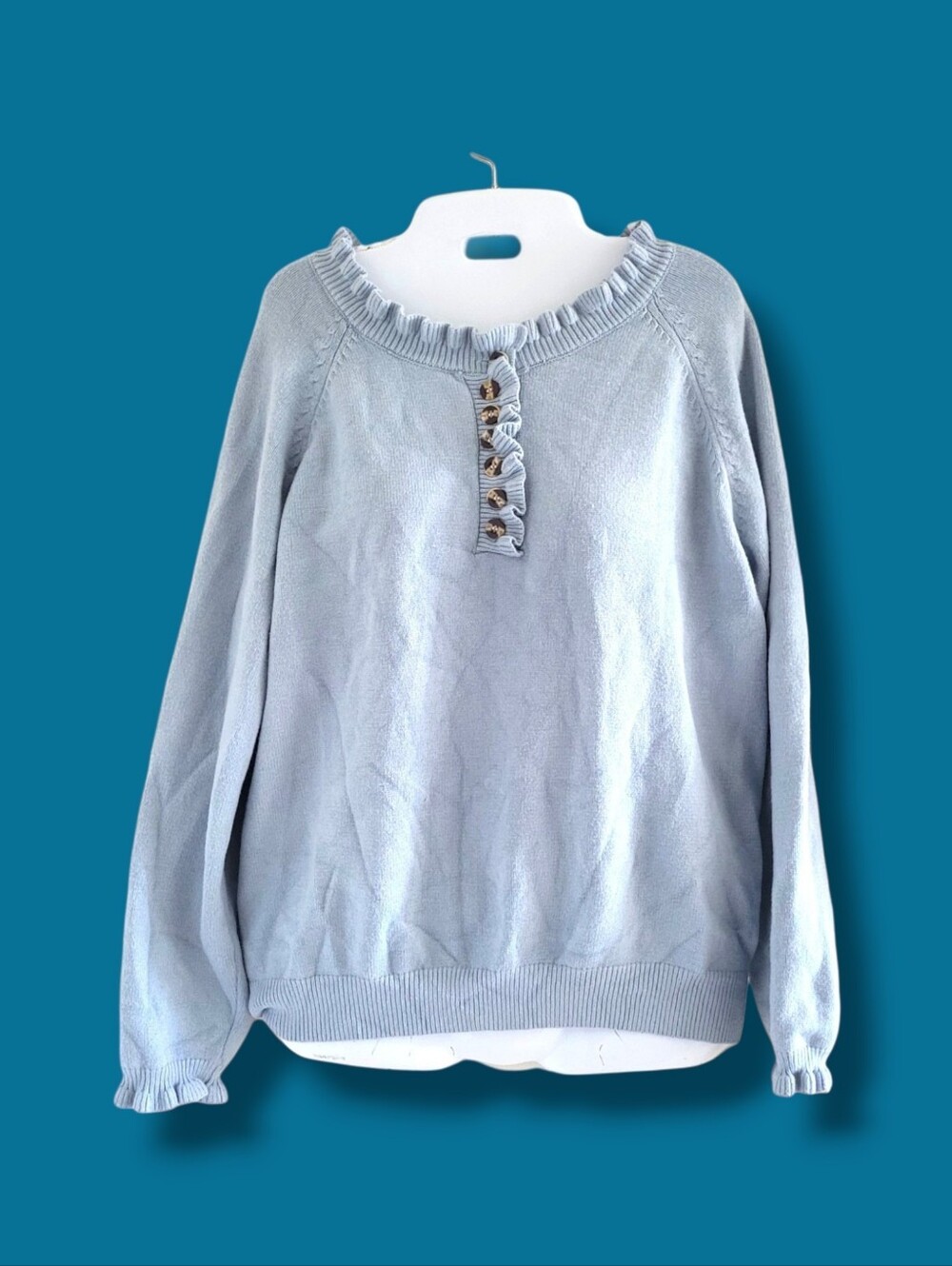 BTFBM | Light Blue Ruffle Henley Button Pullover Sweater